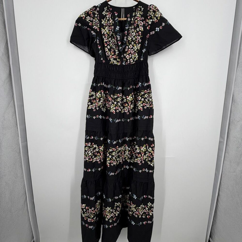 Anthropologie Black The Somerset Floral Tiered Smocked Cotton Maxi Dress Sz XXS - Picture 1 of 12